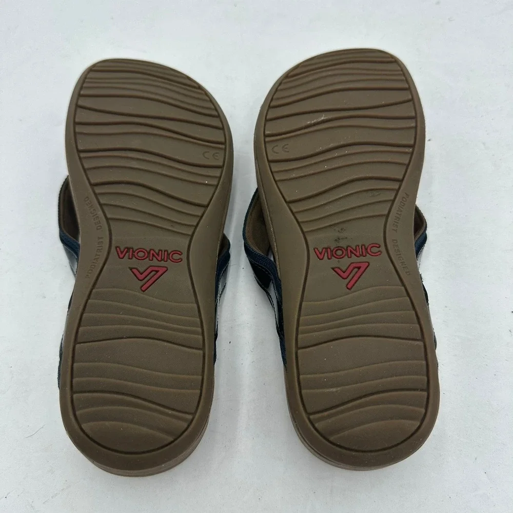 Vionic High Tide Navy Brown Platform Wedge Sandals Womens Size 6 Flip Flops